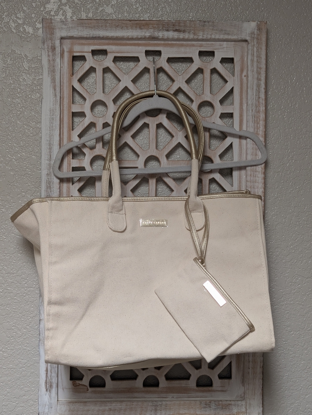 NWOT Ralph Lauren beige canvas tote bag gold handles w/ pouch designer preppy